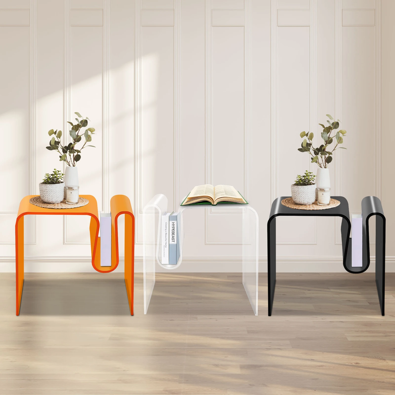 M-förmiger Beistelltisch, Beistelltisch aus Acryl, Nachttisch in Schwarz/Orange/Klar Image