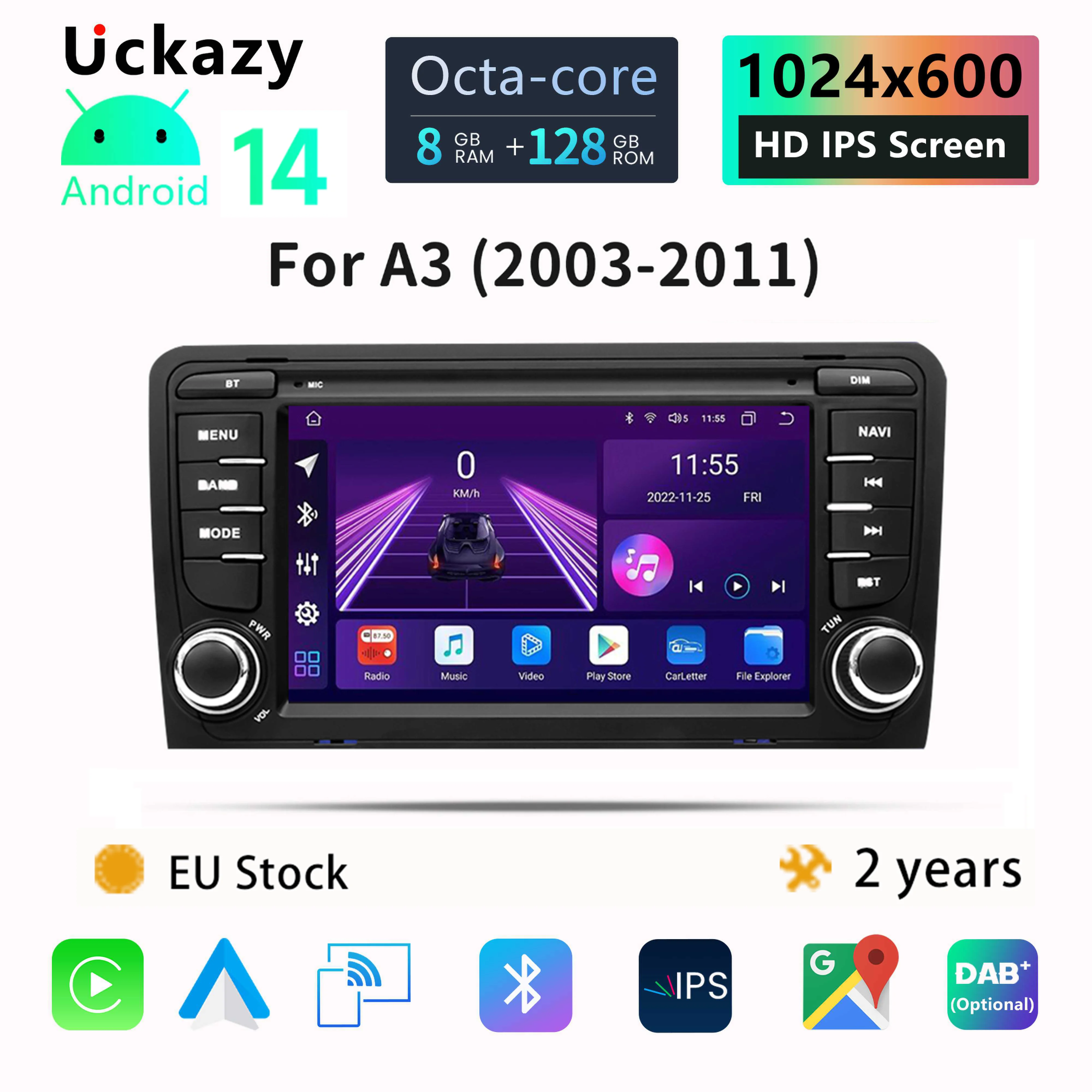 Uckazy Android 14 autoradio multimédia pour Audi A3 8 P S3 2003-2012 RS3 Sportback AutoRadio GPS Navigation système Intelligent unité principale Audio Carplay RDS DSP 4G Wifi 2din