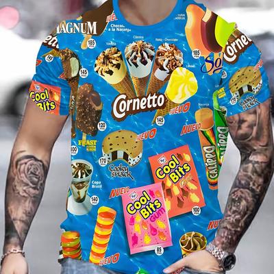 TEMU Men's Novelty Ice Cream Print T-shirt - Casual Crew Neck Polyester Knit Fabric Tee With Stretch, Regular Fit, 110g/m² - Breathable Summer Top Image