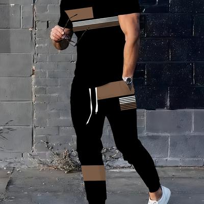 TEMU A New Summer Men's Trendy Casual Striped Short-sleeved Shirt And Long Pants 3d Printed Men's Suit Image