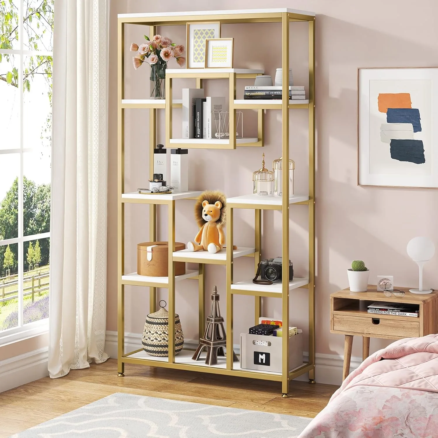 Bücherregale und Bücherregale, 71 Zoll hohes Bücherregal mit Metallrahmen für Wohnzimmer, Schlafzimmer, Heimbüro, Weiß und Gold Image