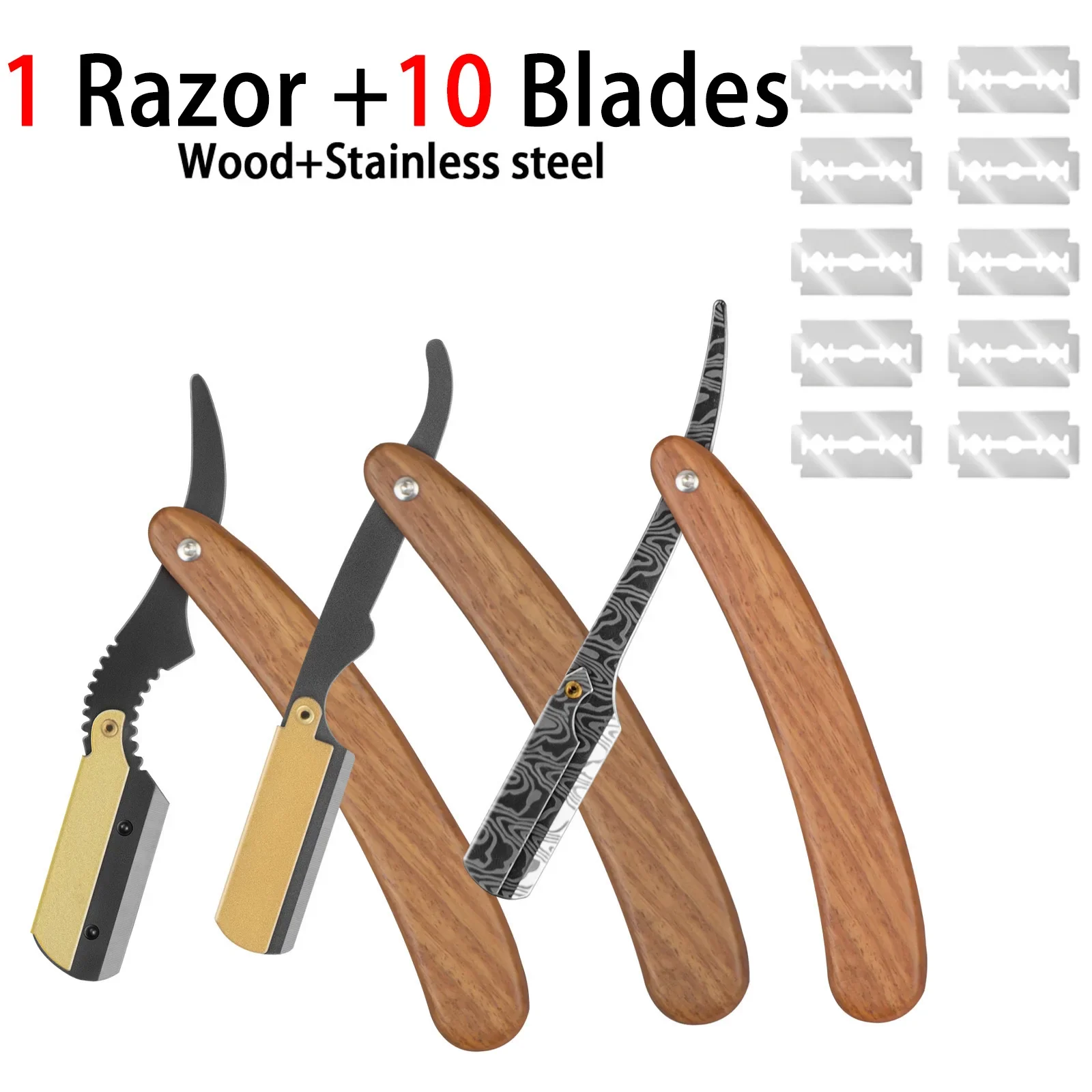 Sicherheitsrasierer aus Holz mit Bartschnitt, manueller Rasierer aus Edelstahl mit gerader Kante, zusammenklappbarer Rasierer mit 10 Stück Doppelkantenklingen Image