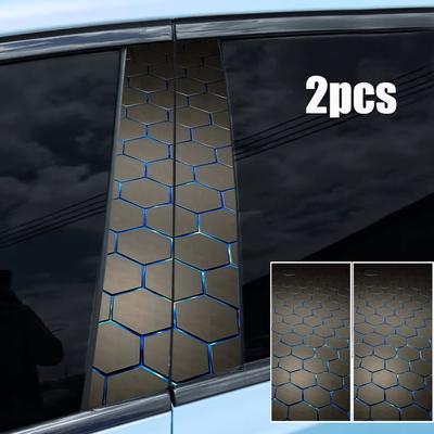TEMU 2pcs Car B-pillar Stickers - Scratch-resistant Waterproof Vinyl, Geometric Hexagon Blue Accent Design, Self-adhesive Semi-, Suitable For Cars, Suvs, Trucks Image