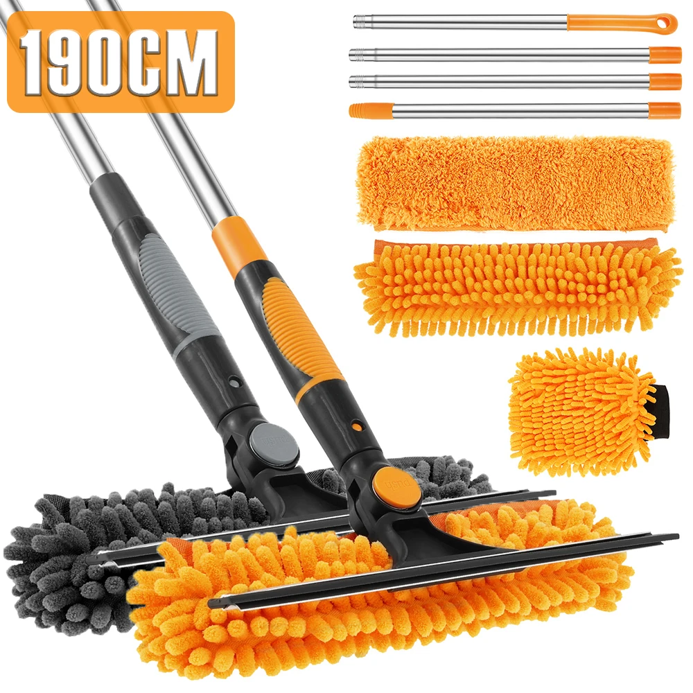 Neues 190 cm verlängertes Fensterreinigungsset, 2-in-1, doppelseitiger Glasabzieher, Staubwedel, Mopp 180 ° Schwenkbare Fensterreinigungswerkzeuge Image