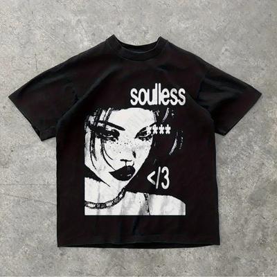 TEMU Men's Punk Aesthetic Graphic Print Cotton T-shirt- Oversized Black Rock Goth Tee With Soulless Design& Edgy Artwork, 2000s Retro Streetwear, Hip Hop Emo Style, Machine Washable Image