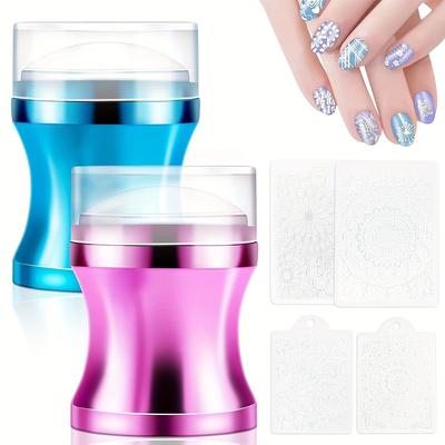 TEMU 2 Pieces Nail Art Stamper With Scrapers, Transparent Clear French Nail Art Stamper With 2 Scrapers, Nail Stamp Silicone Set, Nail Diy Nail Decoration, Nail Stamper For Manicure Tools Image