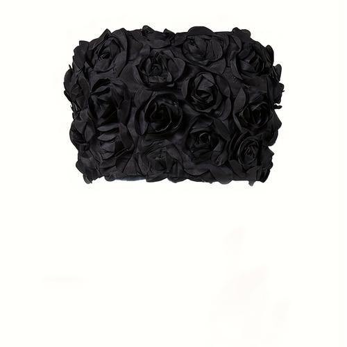 TEMU Elegant 3d Floral Strapless Crop Tube Top - Black , 100% Polyester, Stretchy Slim Fit For Prom, Weddings & Summer Parties