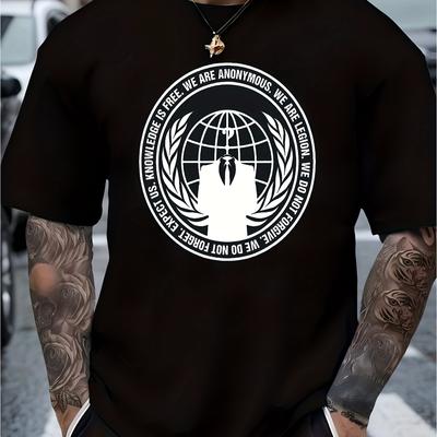 TEMU Knowledge Is Free Men's Graphic T-shirt - 100% Cotton Breathable Short Sleeve Tee With Guy Mask & Design, Regular Fit Casual Streetwear For Casual Attire Image