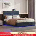 Letto imbottito Comanlai, 140 x 200 cm, Letto matrimoniale, Letto contenitore idraulico, con illuminazione a LED, rete a doghe, superficie in PU, Nero