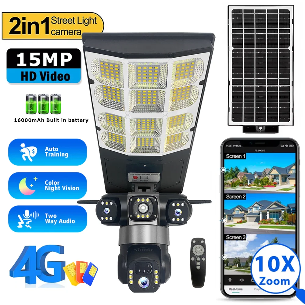Telecamera solare per lampione stradale 4G 15MP Zoom 10X Registrazione a tre obiettivi Monitoraggio umanoide Lampada per telecamera esterna Telecomando Impermeabile