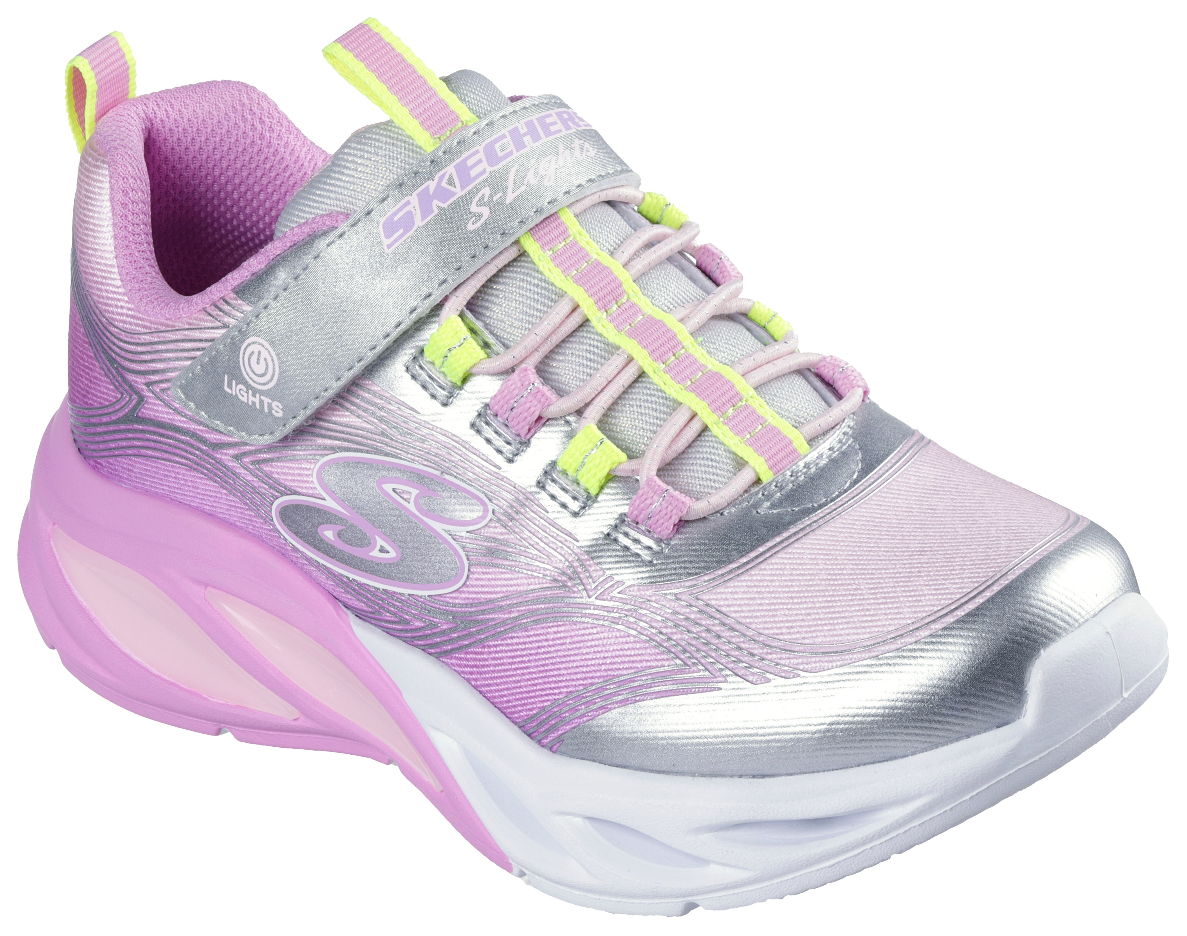 Sneaker SKECHERS "COSMIC GLOW LIGHTS", Kinder, Gr. 28, bunt (silberfarben, rosa), Lederimitat, Textil, kontrastfarbene Details, Modisch, Schuhe, Klettschuh mit Glitzer, Größenschablone zum Download Image