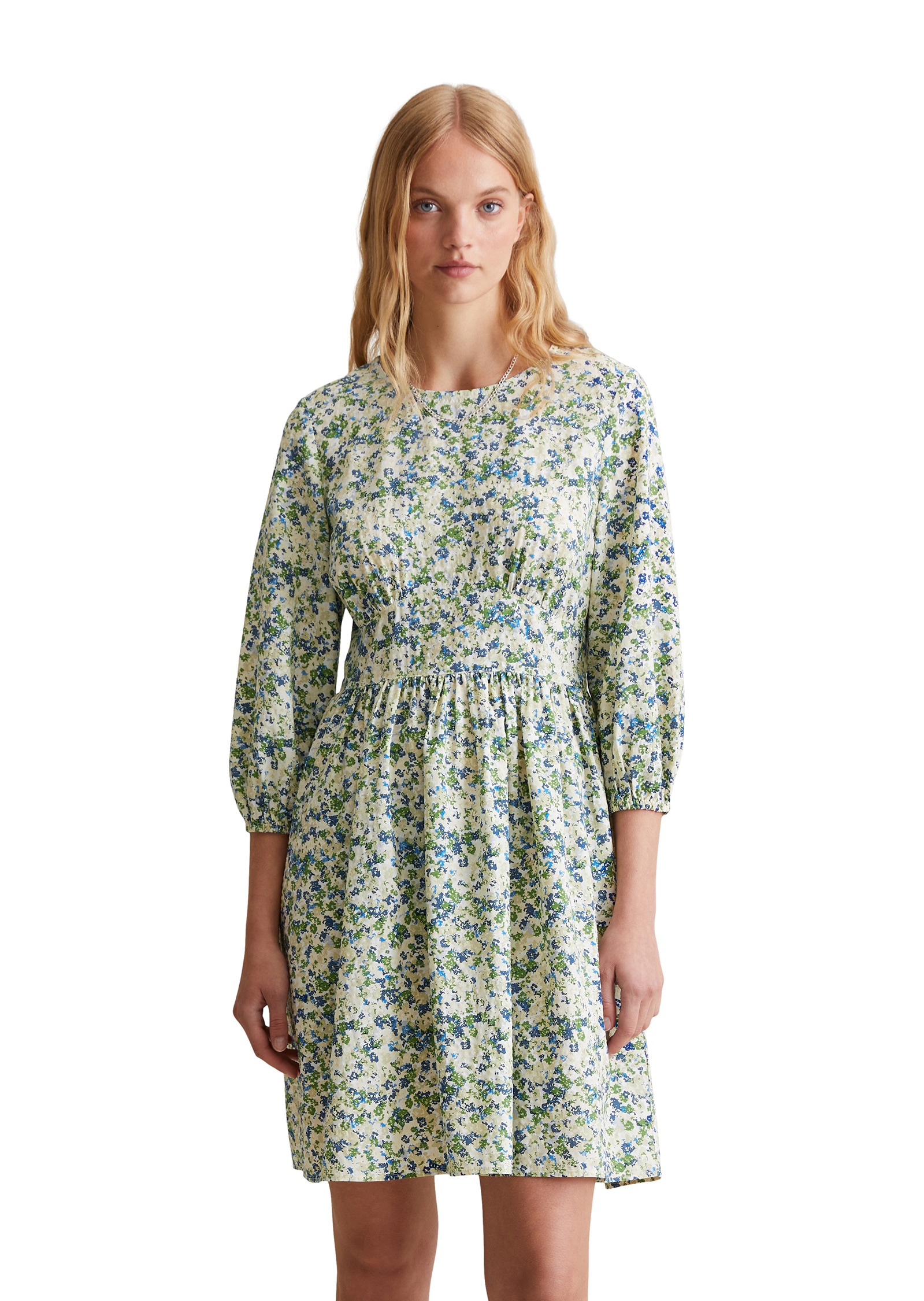 Druckkleid MARC O'POLO DENIM "aus LENZING™ ECOVERO™-Mix", Damen, Gr. S, Normalgrößen, blau (medium blau), Obermaterial: 73% Viskose, 27% Baumwolle; Futter: 100% Nicht verfügbar, bedruckt, regular fit knielang, Rundhals, Kleider Image