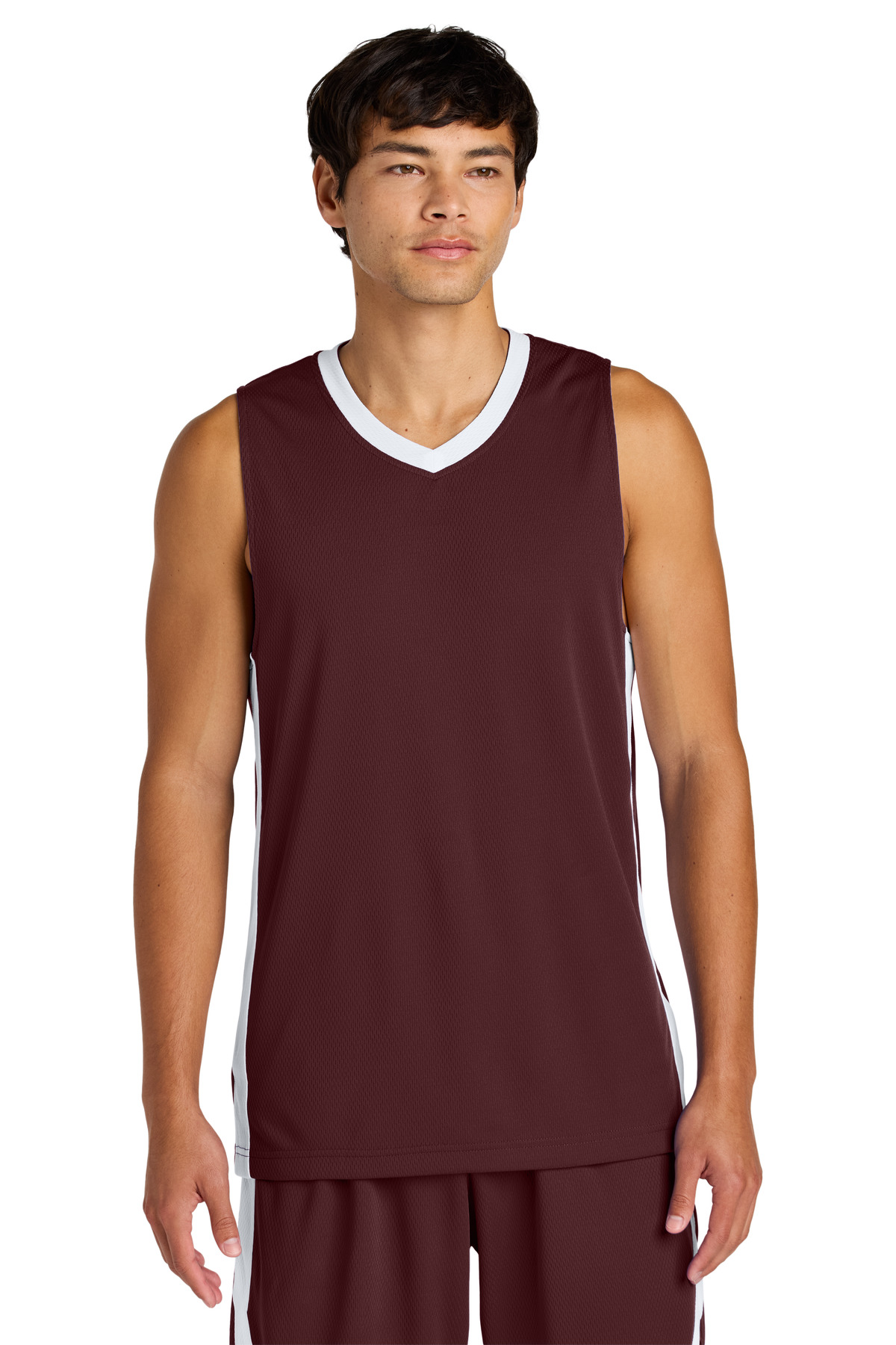 Sport-Tek ST900 Athletic Rival Basketball Rev Jersey T-Shirt in Maroon/White size Large | Polyester