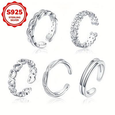 TEMU Five-piece Set Of Women's Toe Rings Design Simple Flower Multi- Toe Ring 925 Silvery 1.2g Daily Beach Holiday Wear Holiday Gift Image