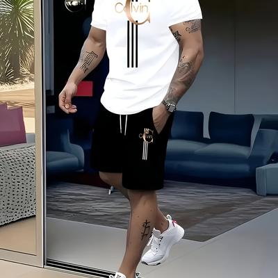 TEMU Letter Print Men's Short Sleeve Shorts Set Casual, Men's Comfortable Breathable T-shirt Street Fashion Sportswear Two-piece Image