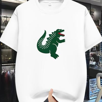 TEMU Men's 2025 Summer Outdoor T-shirt- Breathable White Geometric Crocodile Graphic Tee, Regular Fit Casual Shirt For Hiking& Outdoor Activities, Machine Washable, Image
