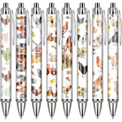 TEMU 8pcs Rooster & Hen-themed Ballpoint Pens - Cute Retractable Medium Point Pens With Chickens & Floral Designs, Ideal For School, Home Office Decor, And Valentine's Day Gift, Pens For Writin Image