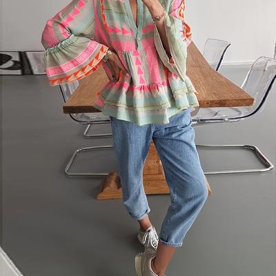 TEMU Women's French Colorful Ethnic Print Bell Sleeve Blouse Dress Image