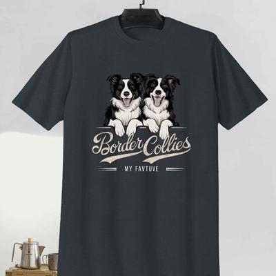 TEMU 1pc Collies Graphic Tee, Men's Casual Crew Neck T-shirt, Polyester Knit Fabric With Stretch, Geometric Pattern, Regular Fit For Summer Image