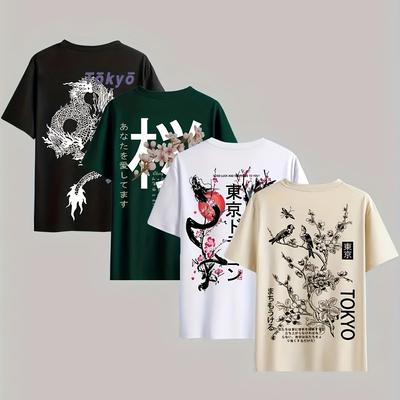 TEMU 4pcs Series Print Round Neck Short Sleeve T-shirts, Casual Comfortable Tops Suitable For Summer Outdoor Wear, For Family Image