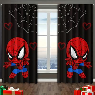 TEMU 2pcs Spider-man Curtains - Black Polyester With Red Heart And Web Design, Easy-to-hang Rod , Ideal For ' Bedroom, Office, Kitchen Decor Image
