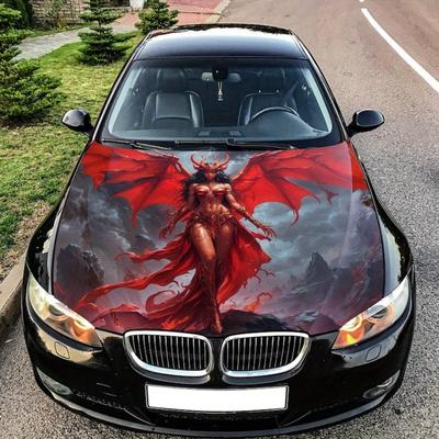 TEMU Female Demon Devil Car Hood Wrap - Pvc Vinyl Sticker Decal For Trucks, Cars, And Suvs - Stylish And Durable Bonnet Wrap With Intricate Red And , Auto Hood Cover | Accessory | Pvc Material Image
