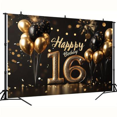 TEMU 1pc, Sixteenth Birthday Party Banner, Golden And A 16th Birthday. Home Decor, Room Decor, Wedding Birthday Christmas Party Photography, Photo Booth Props 70.8*92.946inch Image