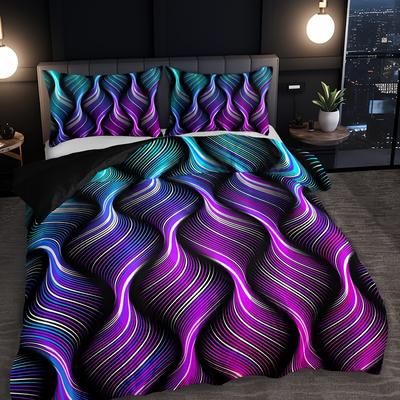 TEMU 2/3pcs Neon Glow Abstract Line Duvet Cover Set With 1 Duvet Cover + 1/2 Pillowcases Without Pillow Inserts, Home Dorm High-definition Printed Bed Sheet Fitted Sheet Image