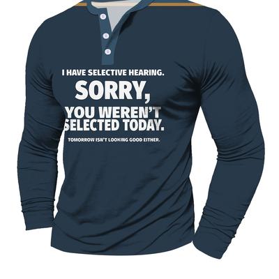 TEMU Elegant Men's Henley Shirt With Unique Letter Print - 100% Polyester, Button Detail, All , Henley Shirt, Elegant Style, Conventional Version, Image