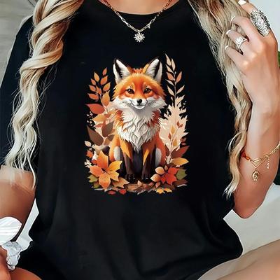 TEMU Plus Size Casual Crew Neck T-shirt With Cartoon Fox Print, Polyester Blend, Short Sleeve, Stretch Knit Fabric, Animal Pattern, Pullover Style, Regular Length - Spring/summer/fall Collection Image
