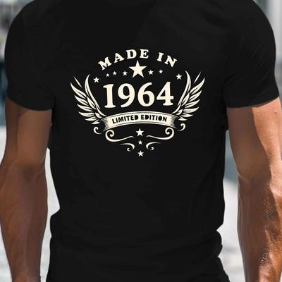 "TEMU Men's "made In 1964 " Graphic Tee - Casual Black Crew Neck Short Sleeve T-shirt, Lightweight Polyester , Machine Washable For Summer, Summer Casual Wear | Vintage Graphic Tee | Lightweight Fabric" Image