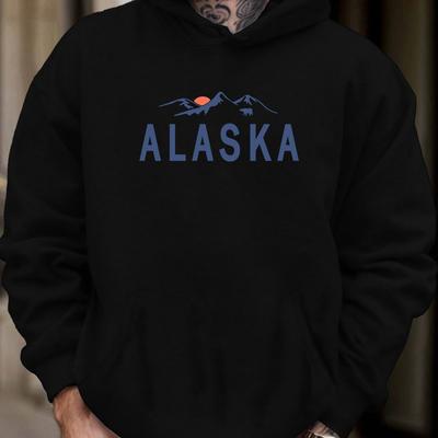 TEMU Alaska Graphic Hooded Sweatshirt - Casual Polyester Knit Fabric Hoodie With Pouch Pocket, Alphabet Pattern, Stretch, Loose Fit, Hooded Collar Style For Fall/winter Image