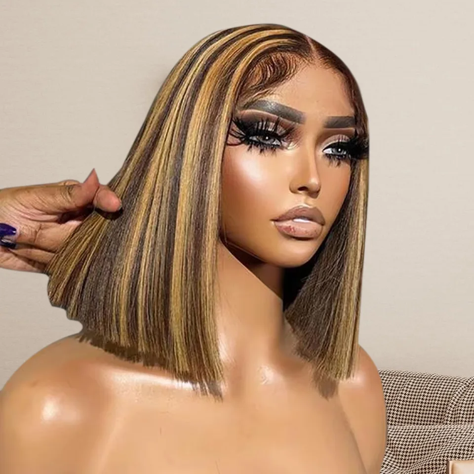 4/27 Highlight Braun Blonde Bob Perücken 200 % Dichte 13x4 Gerade HD Lace Front Perücke Echthaar Frontal Bob Perücke Echthaar 100 %