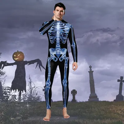 Männer Skelett Overall Erwachsene Halloween Cosplay Kostüm Langarm Dünne Catsuit 3D Druck Schädel Image