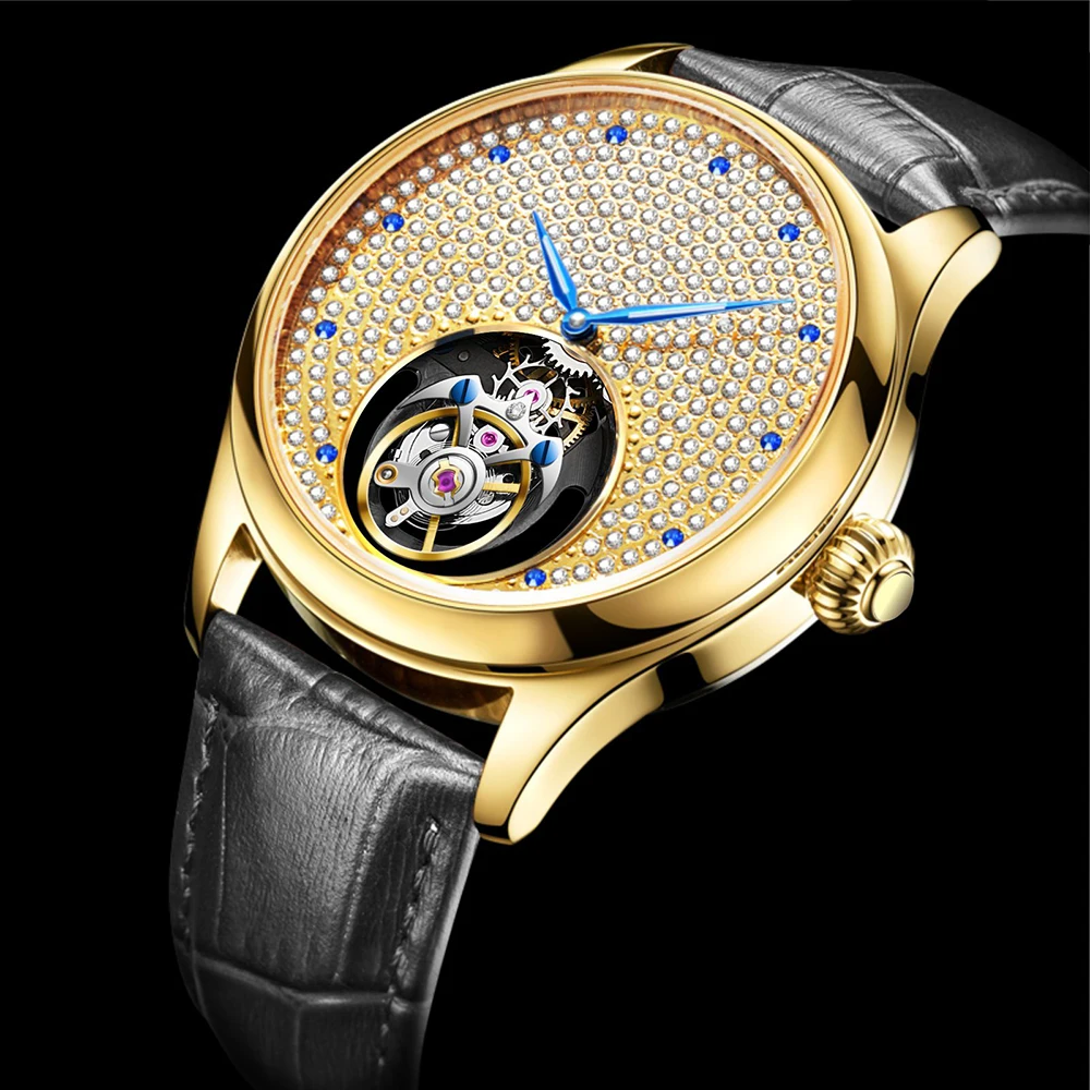 AESOP Luxus-Tourbillon-Mechanikuhr für Herren mit Sternenhimmel, hohle Volldiamant-Stahluhr mit manuellem Uhrwerk, 3Bar-Lederarmband A Image