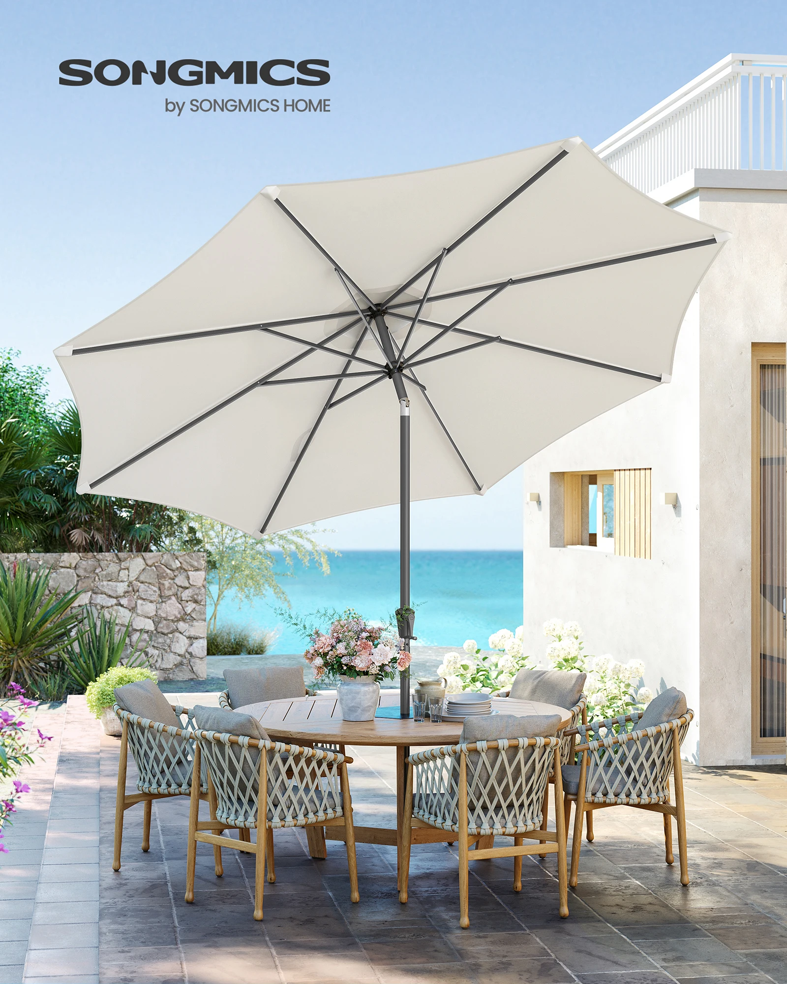 SONGMICS Sonnenschirm 340 cm, UPF 50+, Strandschirm, beidseitig um 30° knickbar, Sonnenschutz, mit Kurbel zum Öffnen/Schließen Image