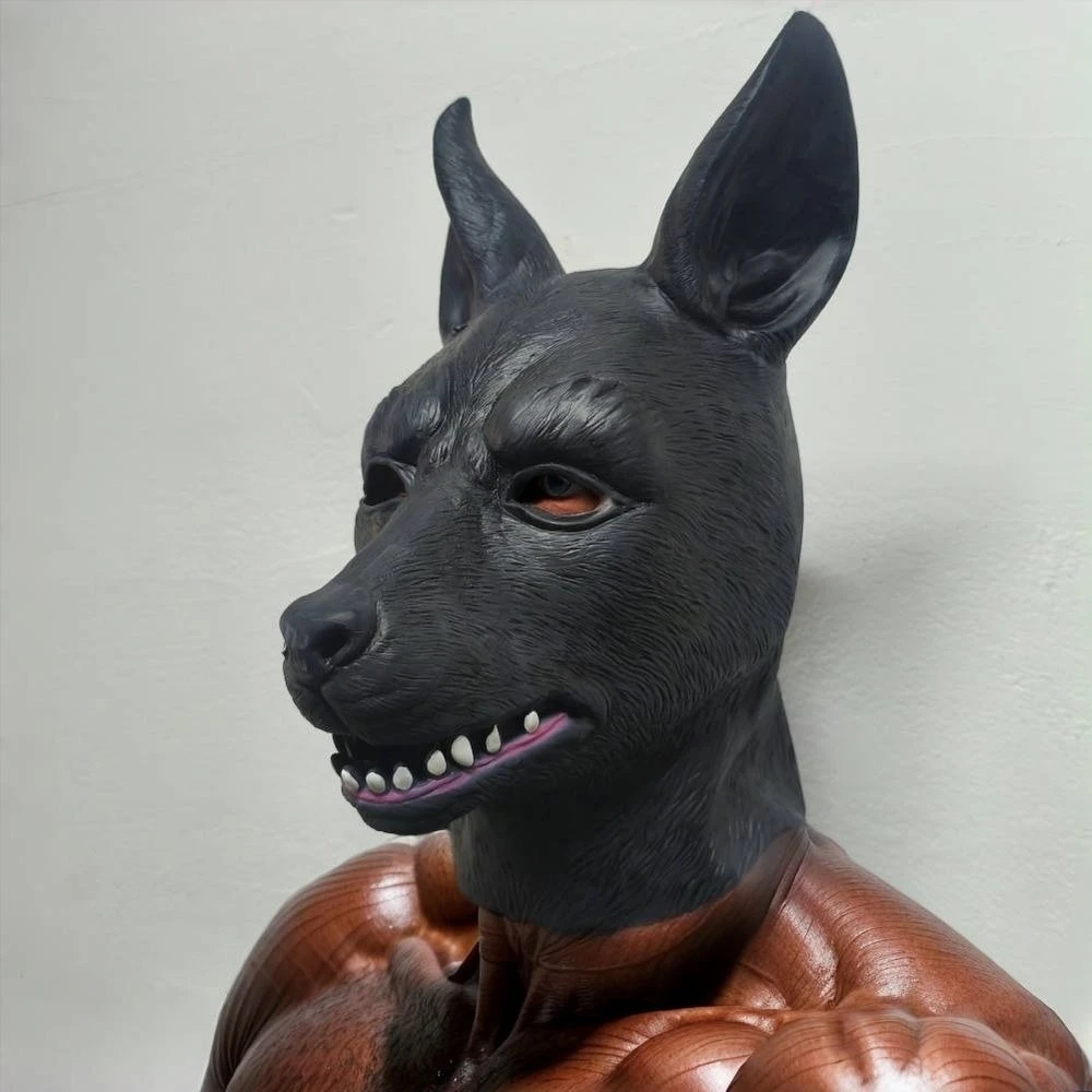 Schwarze Mr. Dog-Maske für Erwachsene, sexy Partyzubehör mit großen Ohren, Gummi-Tiermaske, hübsches gehorsames Schäferhund-Kostüm für Männer