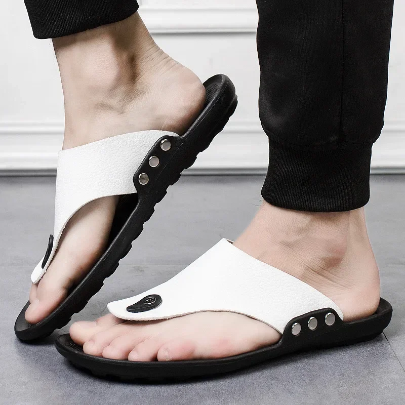 MAEDEF Herren-Strandsandalen, Hausschuhe, modische Schuhe, rutschfeste flache Schuhe, Slides, Sandale für Herren, PU-Slipper, männliche Outdoor-Flip-Flops