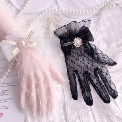 Mädchen Lolita Mesh Schleife Blume Spitzenhandschuhe Schwarz Weiß Spitzenhandschuhe Lolita Image
