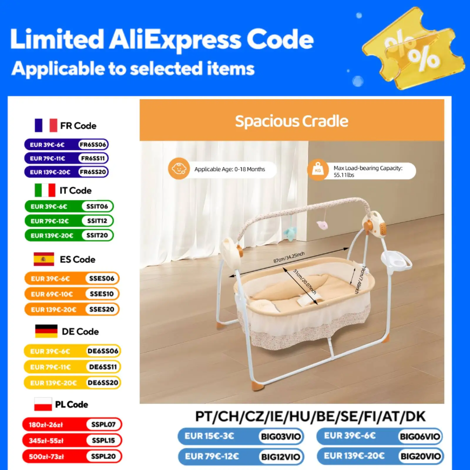Elektrische Babybettwiege, 0–18 Monate, Babybett, automatische Schaukel mit Fernbedienung und Musik, 25 kg/55 Pfund Kapazität, faltbare Babywiege Image