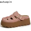 AUTUSPIN Retro Rosa Maultiere Schuhe Frauen Sommer Aushöhlen Wildleder Leder Damen Hausschuhe Breite Zehe Casual Plattform Rutschen Schuhe 2025