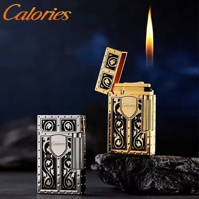 Calorie Portable Art Deco Lighters Classic Engraved Gas Lighters Clear Sound Unique Smoking Accessories Birthday Gift to Smoker