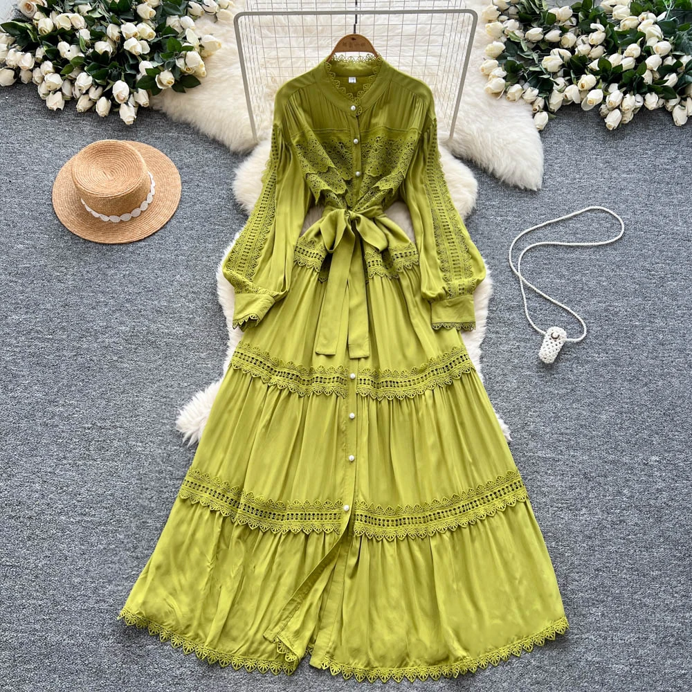 Sexy Langarm Haken Blume Hohlknopf Kleid Chic Vintage Abend Party Club Frauen Chic Sommer Strand Lange Kleider