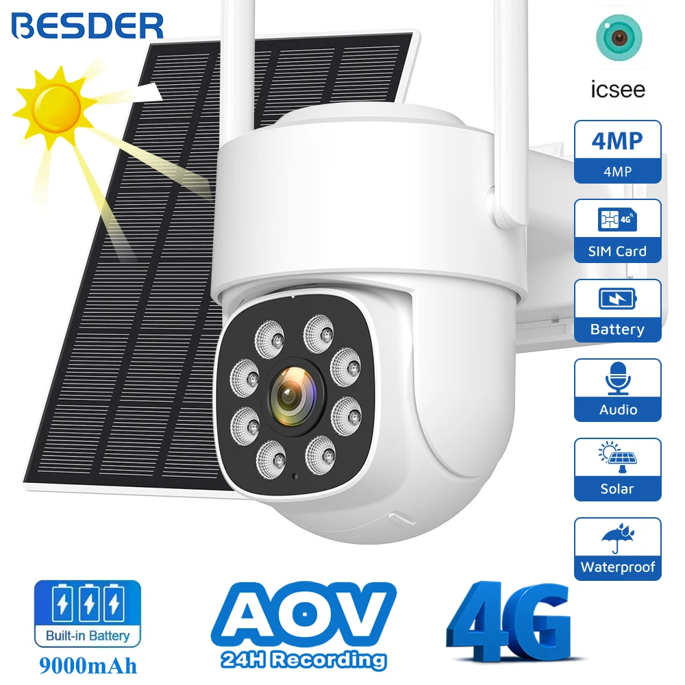 BESDER Solarkamera 4G SIM-Karte 4MP AOV 24/7 Videoaufzeichnung mit 9000mAh Akku Human Detect CCTV-Überwachungs-IP-Kamera iCSeeApp Image