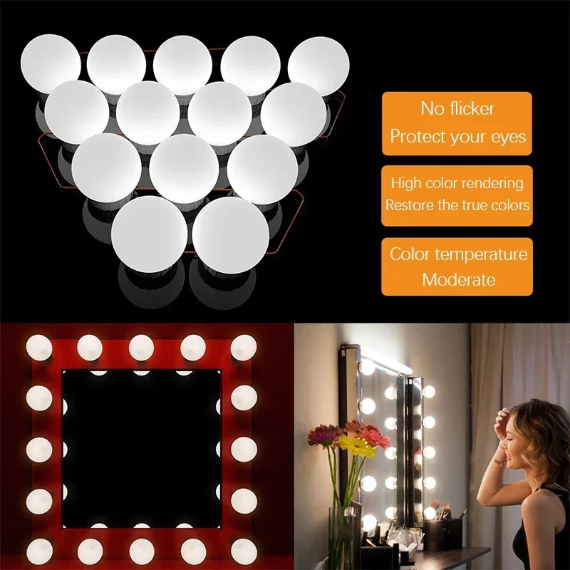 10 LEDS Make-up-Spiegel-Glühbirnen, Kosmetikbeleuchtung, selbstklebend, für Badezimmer, Schminktisch, dimmbar, LED-Kosmetikspiegel-Licht