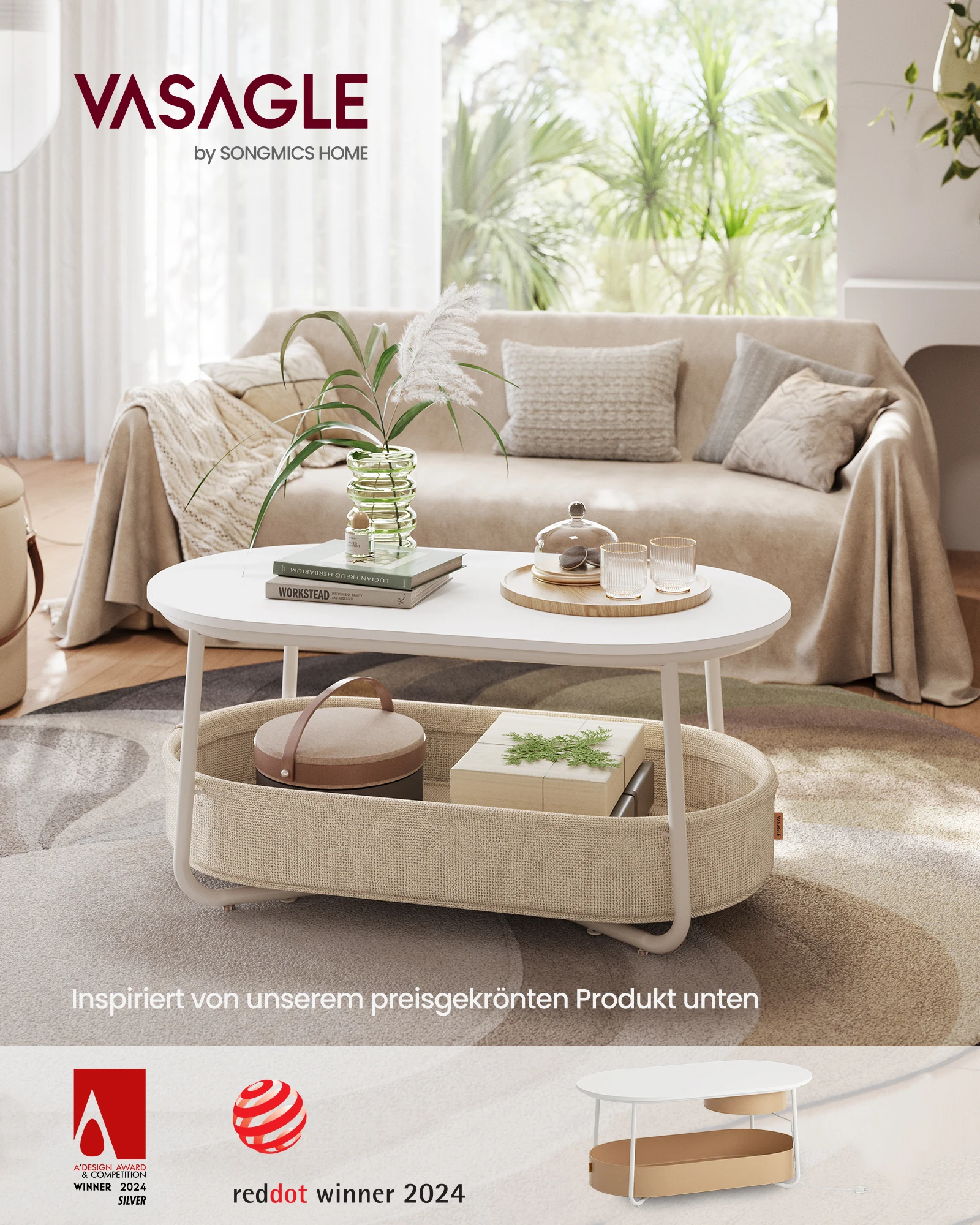 VASAGLE Couchtisch, Beistelltisch, moderner mit Stoffkorb, Wohnzimmer Image