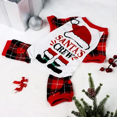 Christmas Dog Pajamas Classical Plaid Soft Dog Clothes with Cute Elk and SANTA CREW Jumpsuit Dog Costumes for Small Medium Puppy