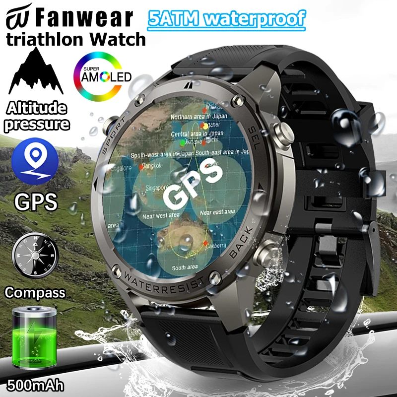 Fanwear T-Rex 3 GPS Outdoor-Sport-Smartwatch, 5ATM Schwimm-Smartwatch, Kompass, barometrische Höhe, Bluetooth-Anruf, Valenti Image