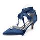 Womens Pearl Ankle Strap Pumps Low Kitten Heel with Bow Bridal Heels for Women Prom Evening Party Dress Shoes Pumps,Dark Blue,9.5 UK