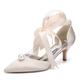 Womens Pearl Ankle Strap Pumps Low Kitten Heel with Bow Bridal Heels for Women Prom Evening Party Dress Shoes Pumps,Champagne,8.5 UK